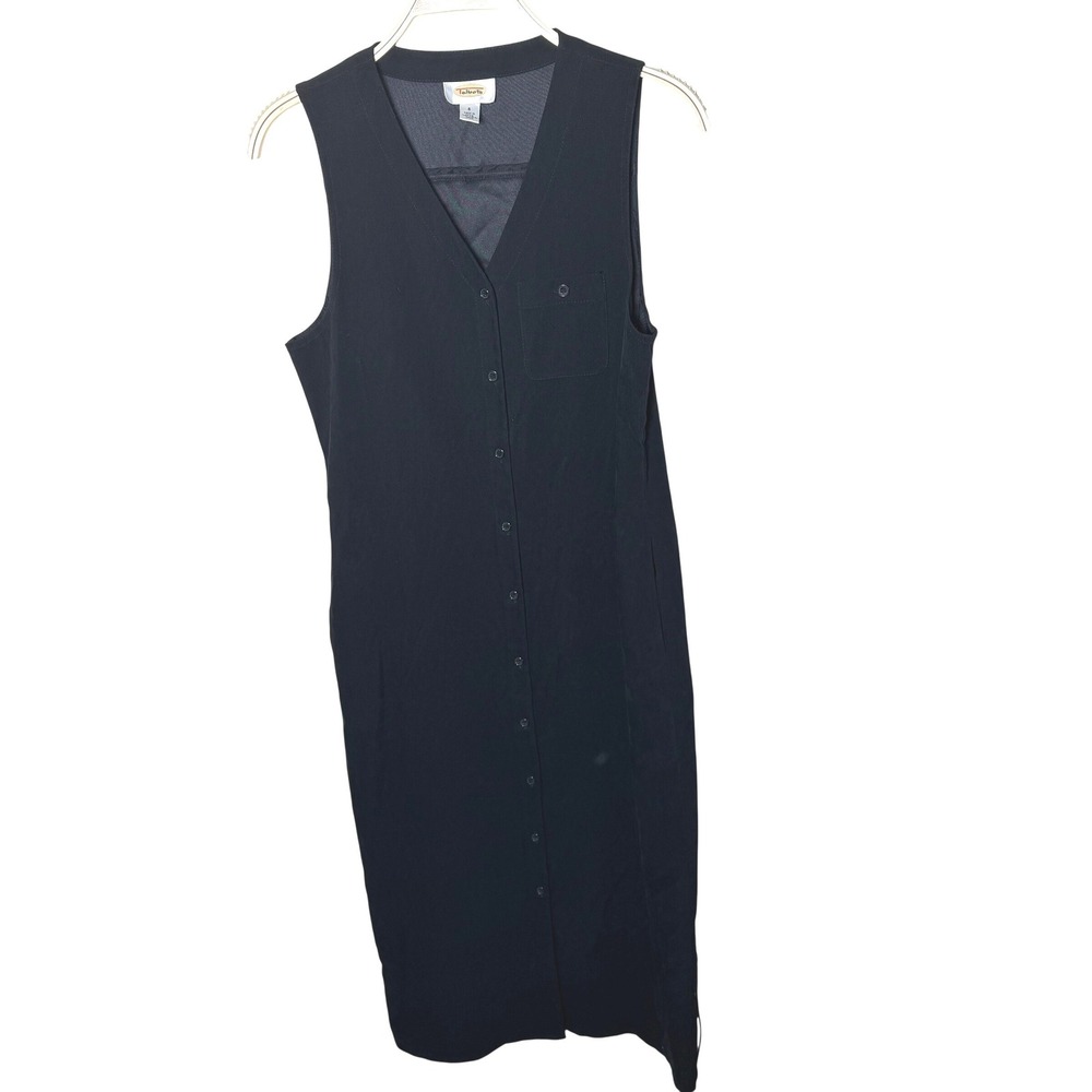 Talbots Womens Black Button Front Sleeveless Midi Dress Size 10 Pockets V-Neck